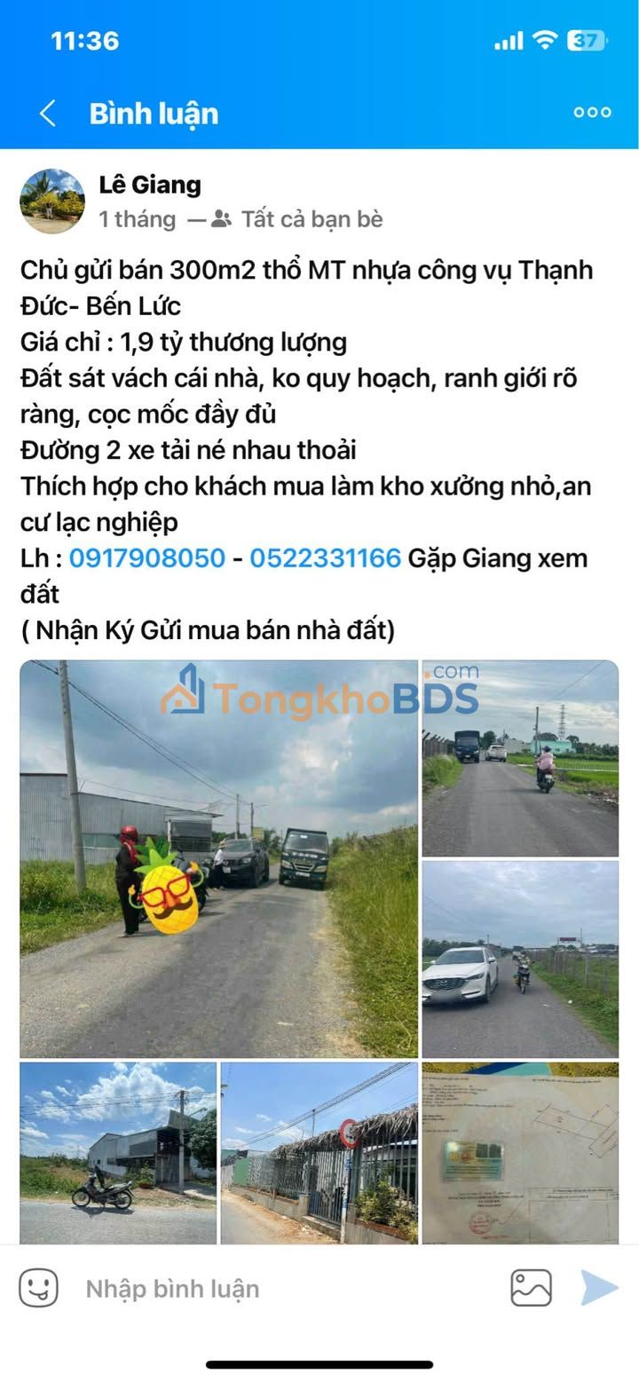 Đất nền Thạnh Đức 300m² 1,6 tỷ - Đất thổ cư 100%