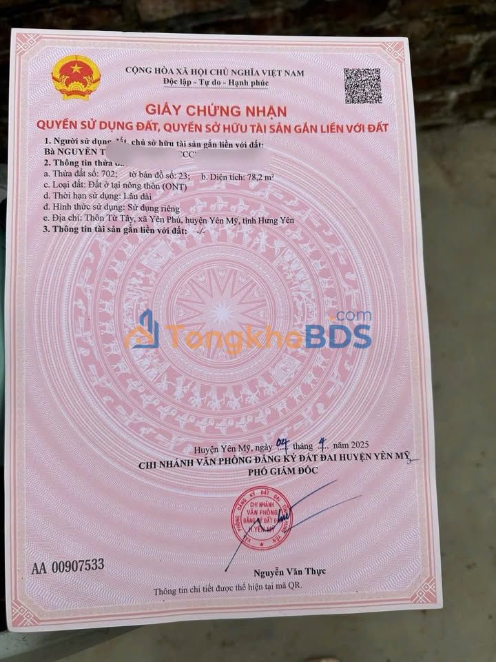 Đất nền Yên Mỹ 78m² 1.56 tỷ - Sổ đỏ chính chủ