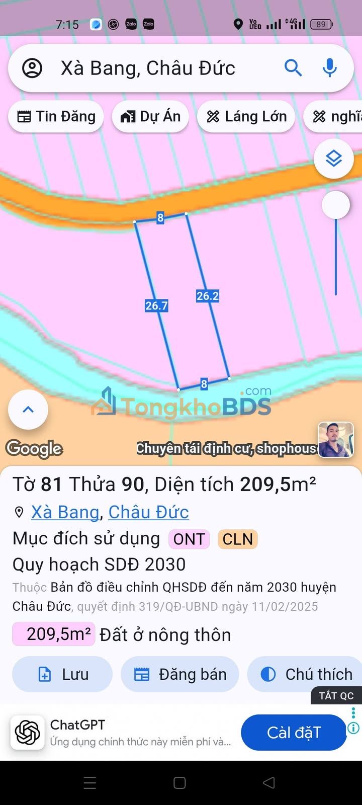 Đất nền Xã Xà Bang 288m² giá 750 triệu - Đường to ô tô