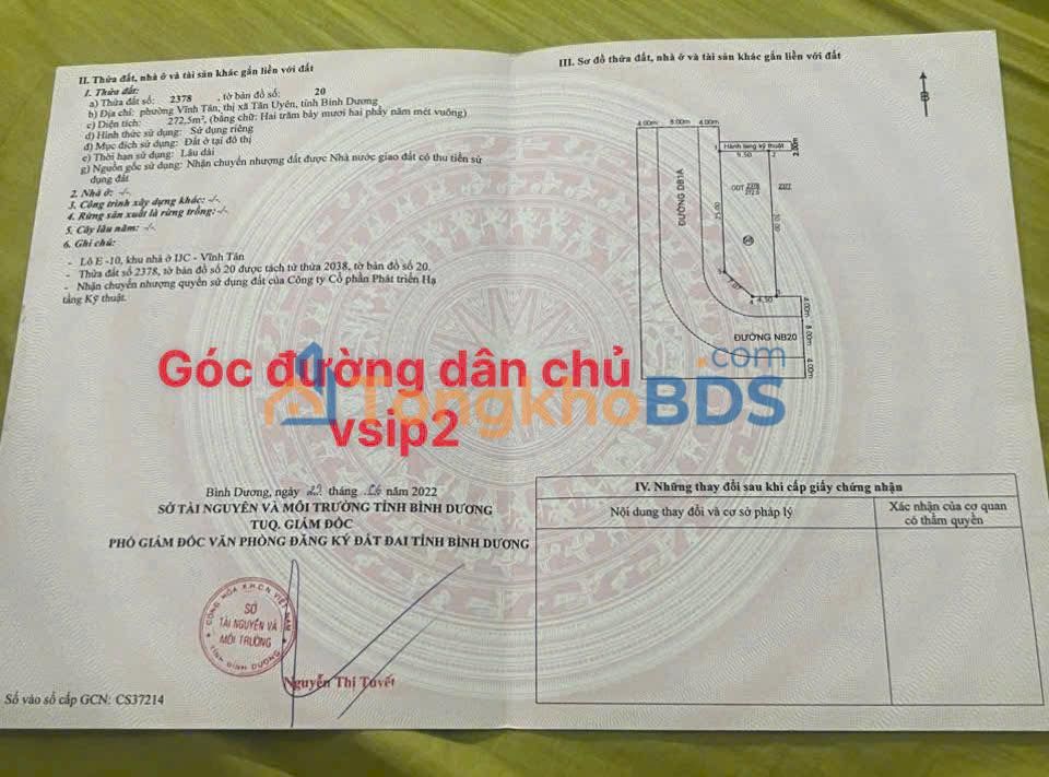 Đất nền VSIP2 Bắc Tân Uyên 272m² 8,7 tỷ - Sổ đỏ