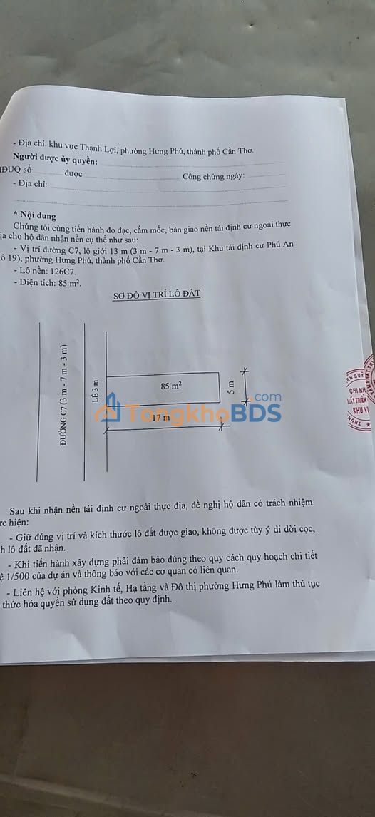 Đất nền TĐC Phú An Cái Răng 85m² 1.3 tỷ - Đường ô tô