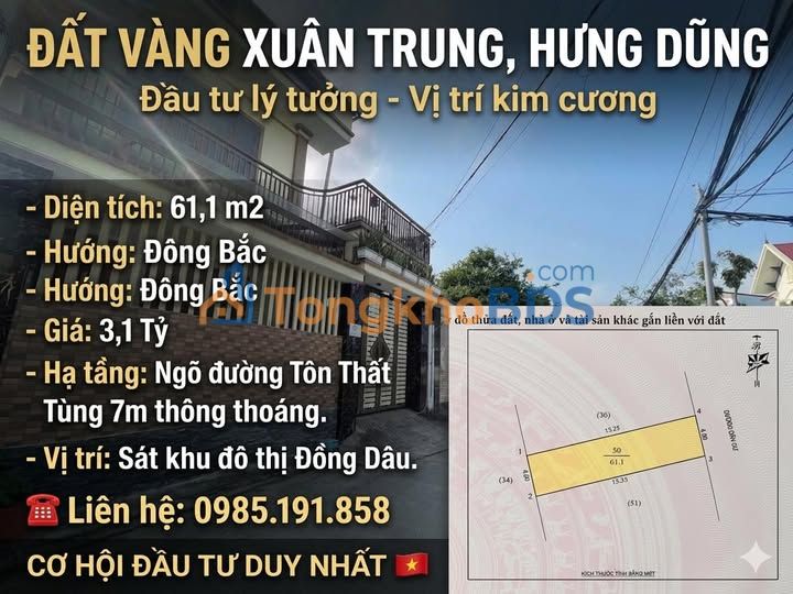 Đất Xuân Trung Hưng Dũng 61m² giá 3.1 tỷ - Đường to ô tô