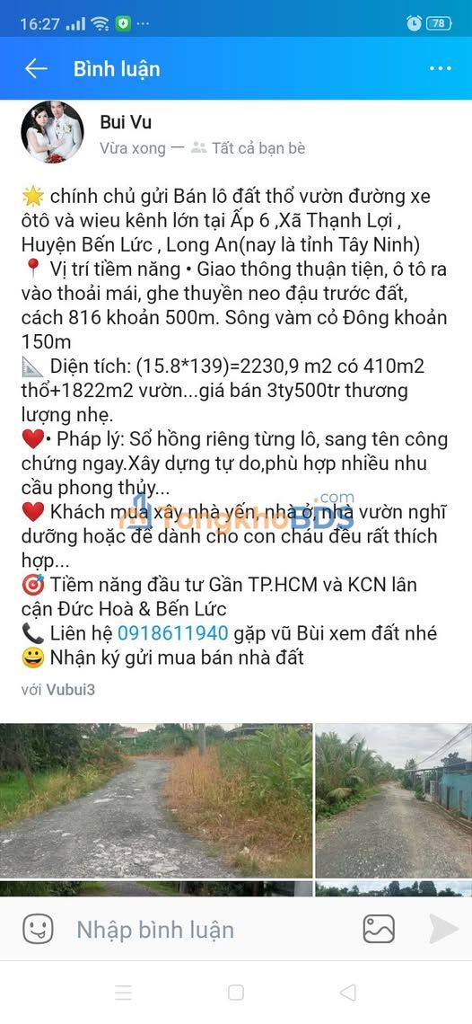 Đất vườn Thạnh Lợi Bến Lức 3,5 tỷ - Nghỉ dưỡng lý tưởng