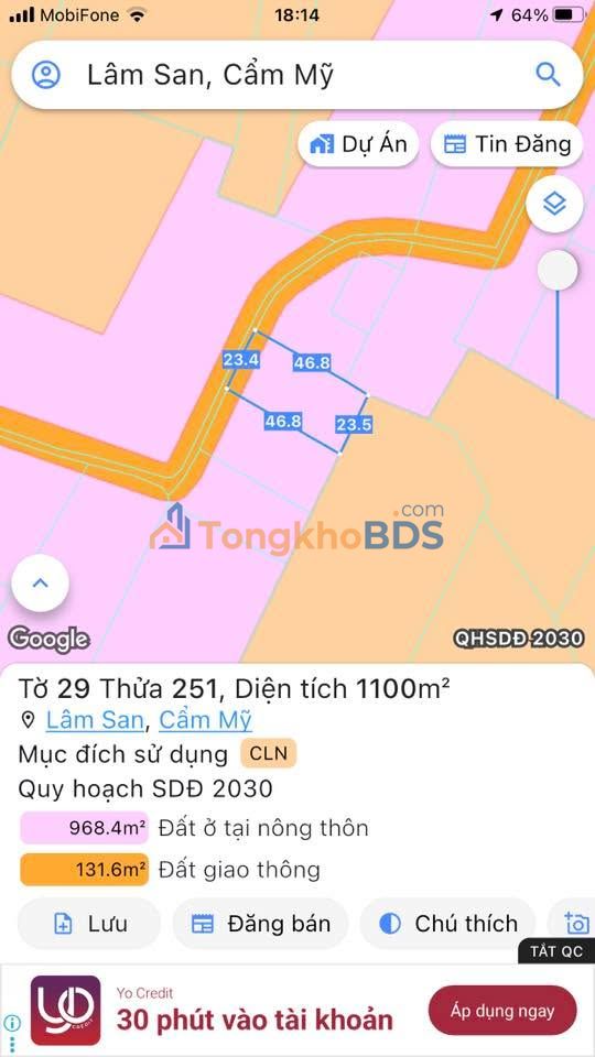 Đất nền Lâm San Cẩm Mỹ 1.058m² 1 tỷ - Pháp lý rõ ràng