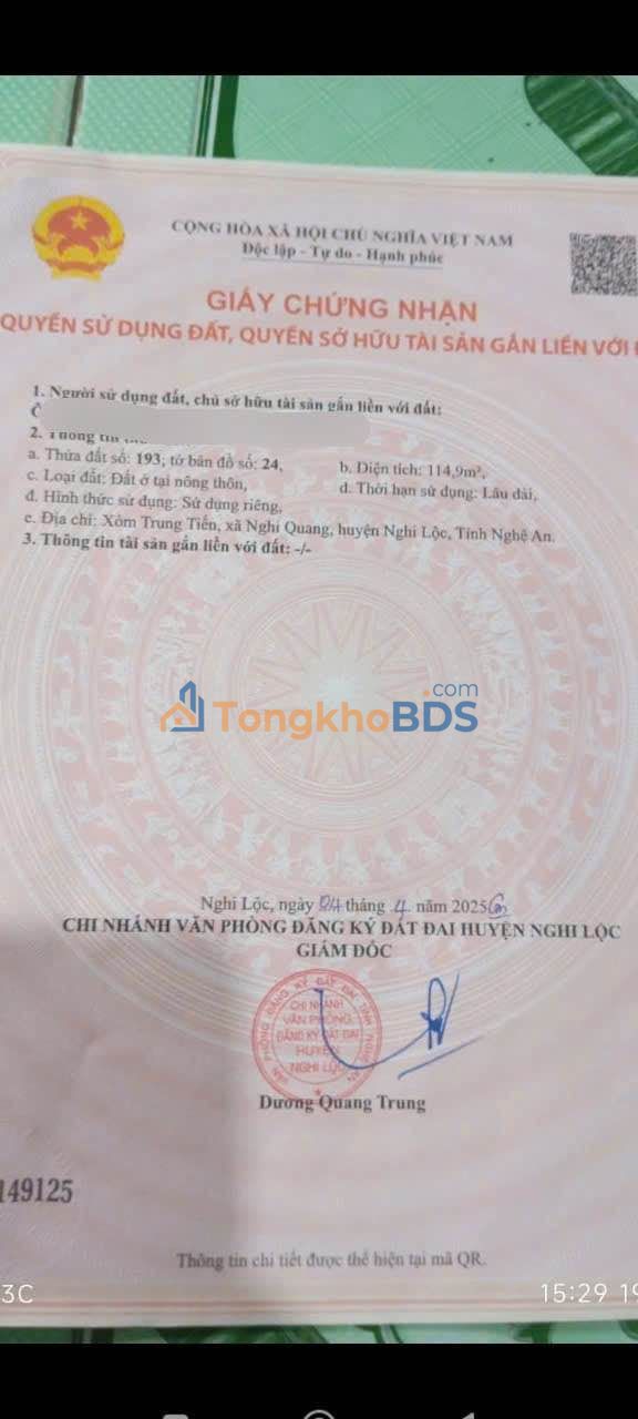 Đất nền Nghi Quang 115m² giá 1 tỷ - Sổ đỏ chính chủ