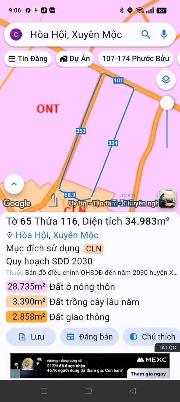 Đất nền Hòa Hội Xuyên Mộc 34000m² giá thỏa thuận - Đường to ô tô