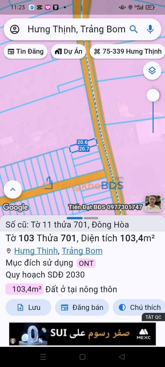 Đất Đông Hòa Hưng Thịnh 100m² 835 triệu - Đất thổ cư 100%