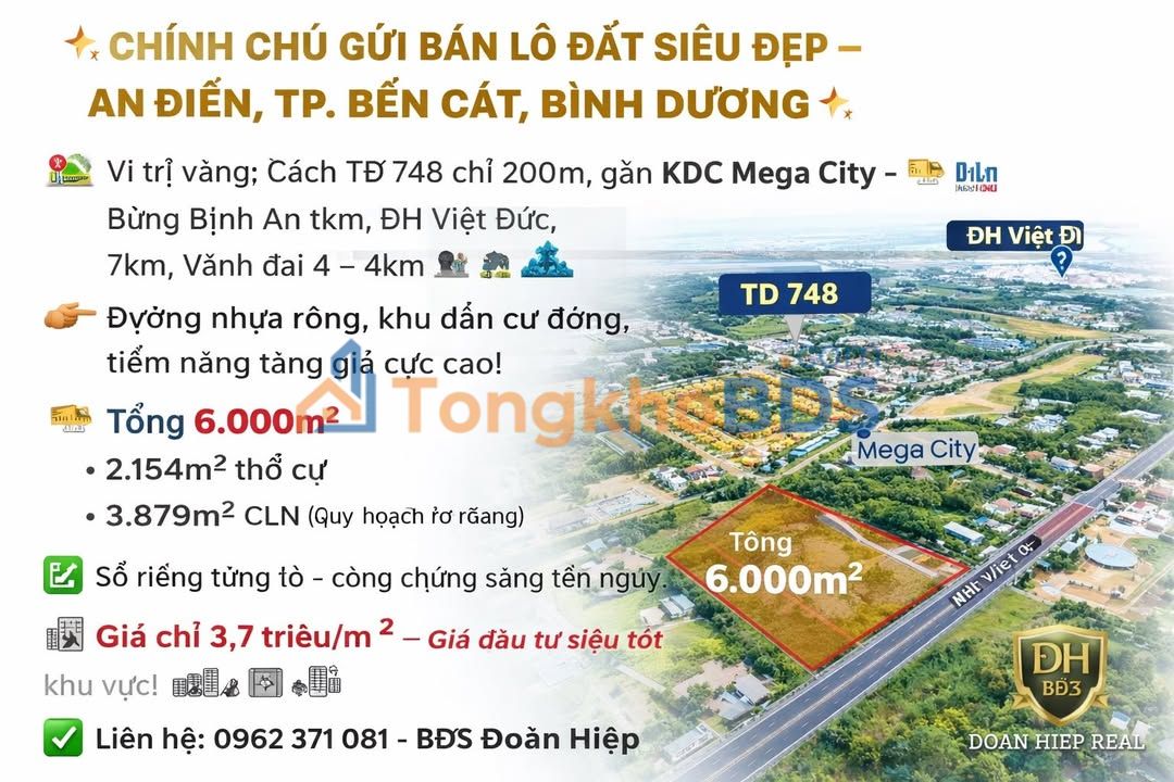 Đất An Điền Bến Cát 6.000m² giá 22.2 tỷ - Sổ hồng riêng