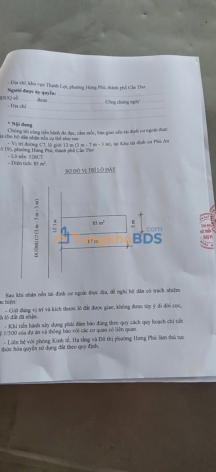 Nền TĐC Cần Thơ C7 85m² 1,3 tỷ - Sổ đỏ chính chủ