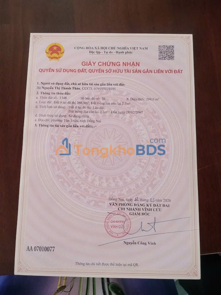 Đất nền Tân Bình Vĩnh Cửu 269m² 1.69 tỷ - Đất thổ cư 100%