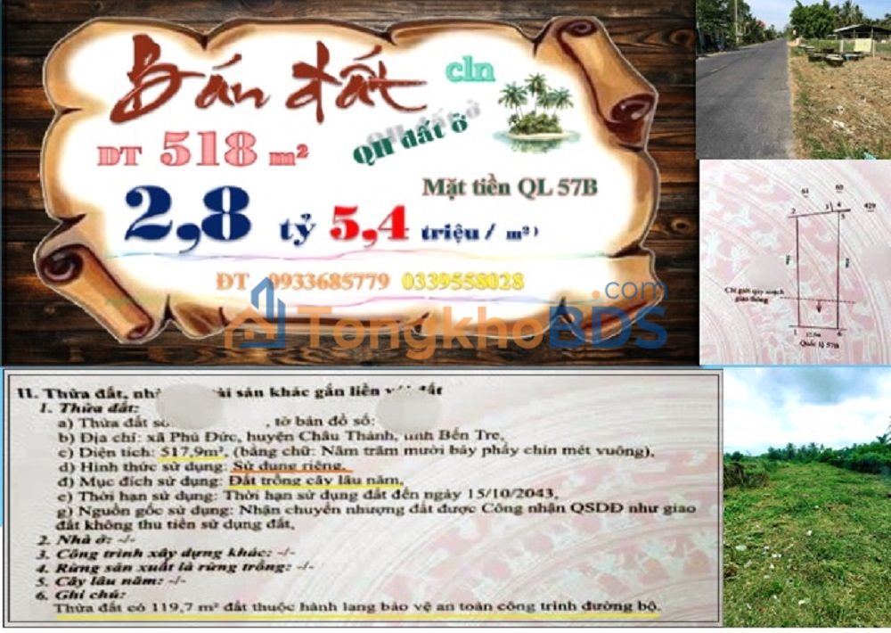 Đất Phú Đức Châu Thành 518m² 2.797 tỷ - Sổ đỏ chính chủ