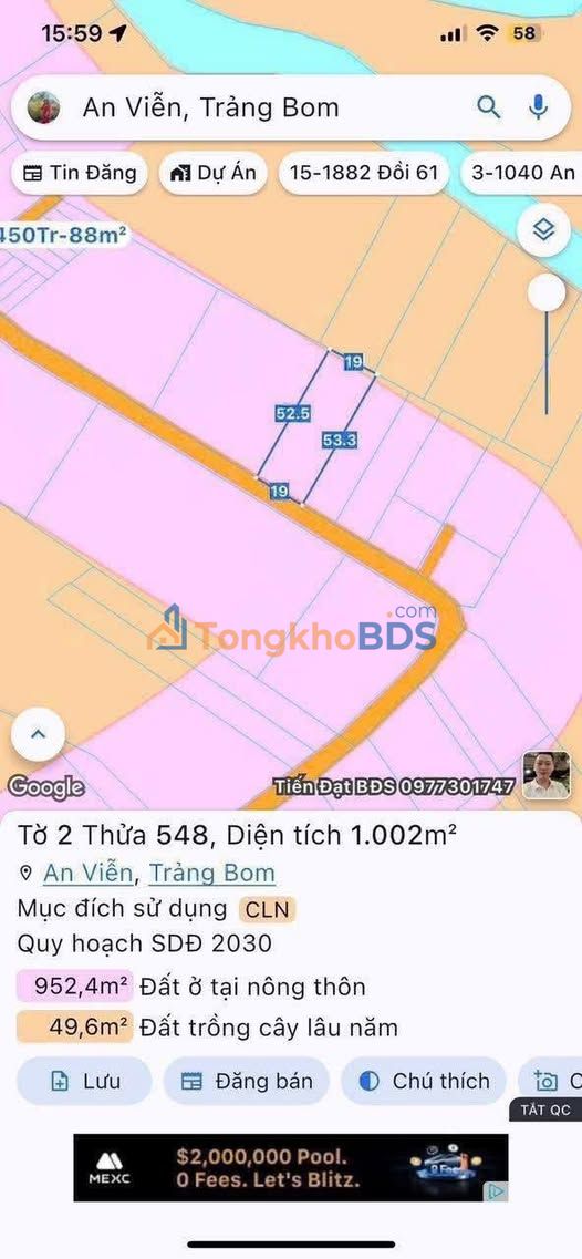 Bán Gấp Đất 1000m² Mặt Tiền Đường Nhựa An Viễn, Trảng Bom - Giá 3.05 Tỷ