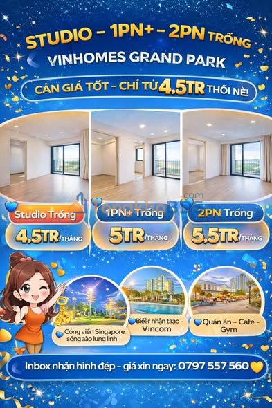 Căn hộ Vinhomes Grand Park Thủ Đức 33m² 4.5 triệu - Bàn giao ngay