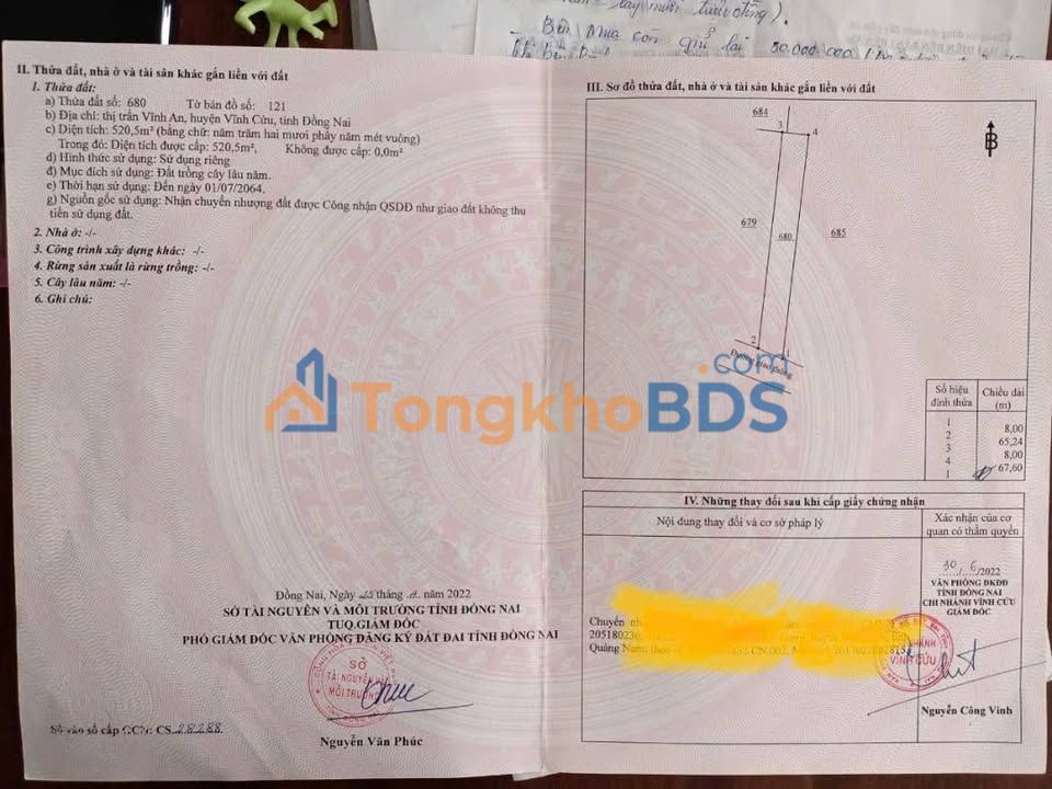 Đất Vĩnh An Vĩnh Cửu 520m² 889 triệu - Pháp lý rõ ràng