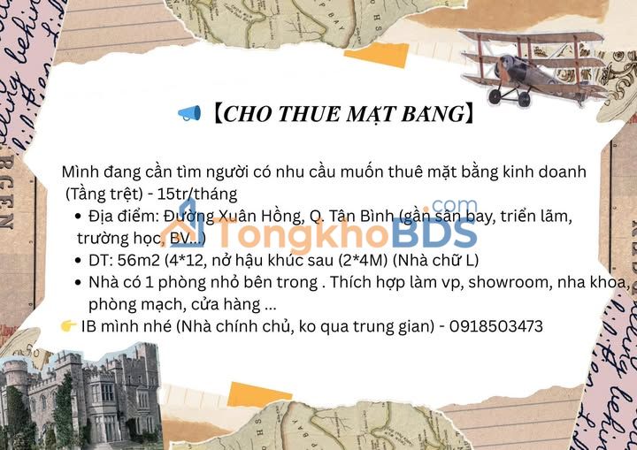 Mặt bằng trệt Xuân Hồng Tân Bình 56m² 15 triệu - Kinh doanh