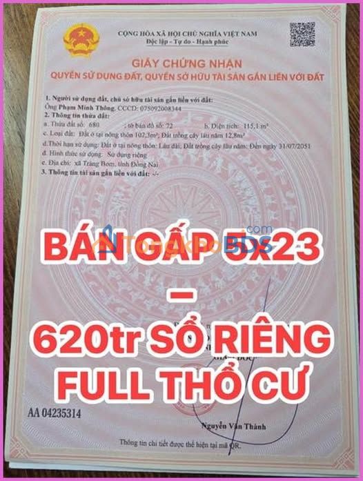 Đất nền Sông Trầu Trảng Bom 115m² 620 triệu - Sổ đỏ