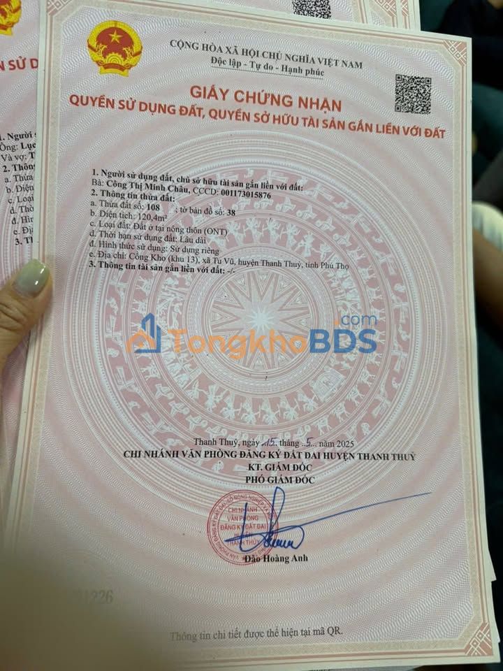 Đất thổ cư Tu Vũ 120m² 1,2 tỷ - Sổ đỏ chính chủ