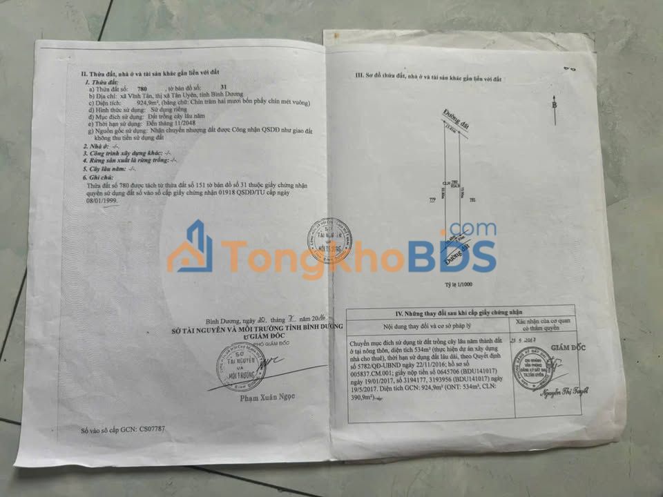 Đất Vĩnh Tân Tân Uyên 924m² 7.3 tỷ - Sổ đỏ chính chủ