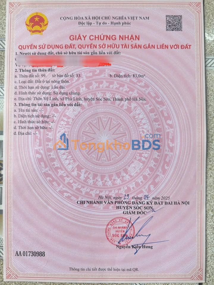 Đất nền Phù Linh Sóc Sơn 83m² 166 triệu - Sổ đỏ chính chủ