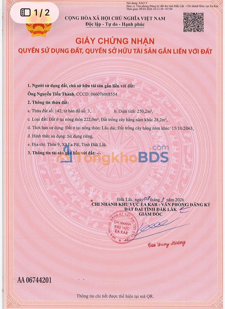 Đất nền Ea Păl Ea Kar 258m² 170 triệu - Thổ cư 100%