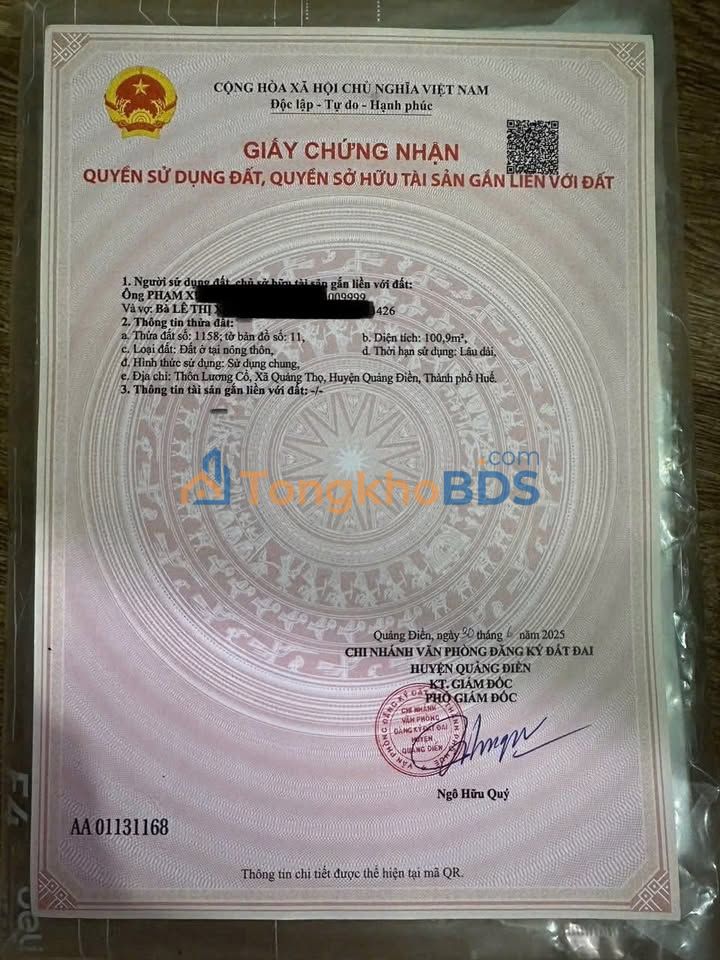 Đất nền Quảng Thọ Quảng Điền 101m² 1 tỷ - Sổ đỏ chính chủ