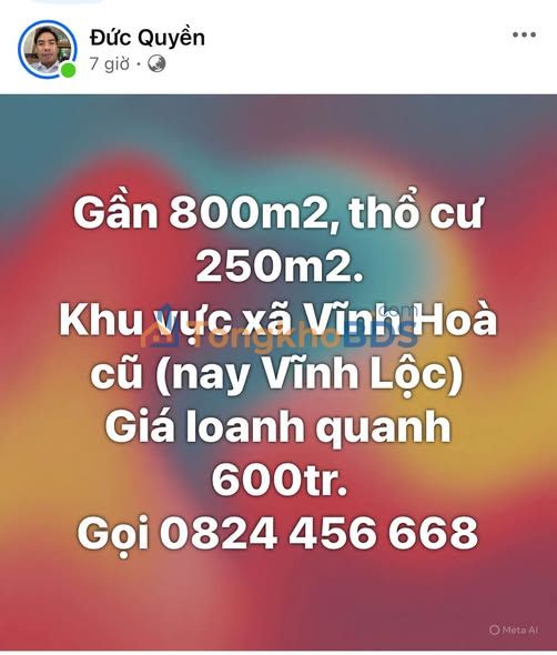 Đất Vĩnh Hòa Vĩnh Lộc 800m² 600-699 triệu - Sổ đỏ sẵn