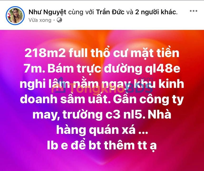 Đất nền QL48E Nghi Lâm 218m² - Thổ cư 100%