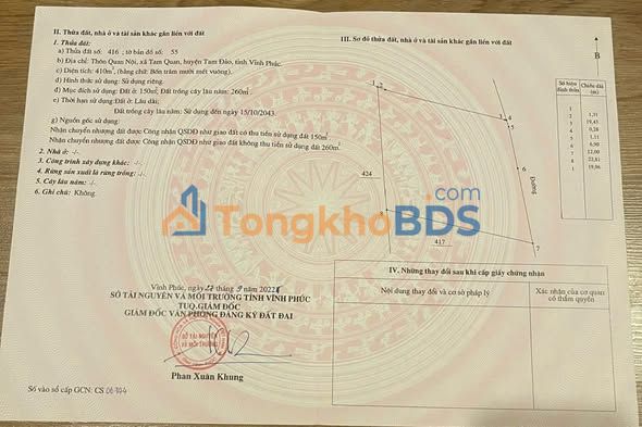 Đất Vĩnh Phúc 410m² - 2 Mặt Tiền, Sổ Đỏ Riêng, Giá 1 Tỷ