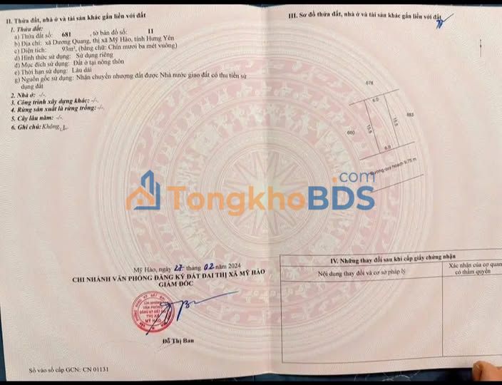 Đất nền Dương Quang Mỹ Hào 93m² 3 tỷ - Sổ đỏ chính chủ