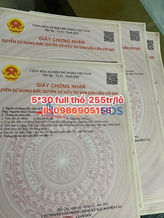 Đất nền Bến Cầu Tây Ninh 150m2 255tr - Sổ đỏ chính chủ