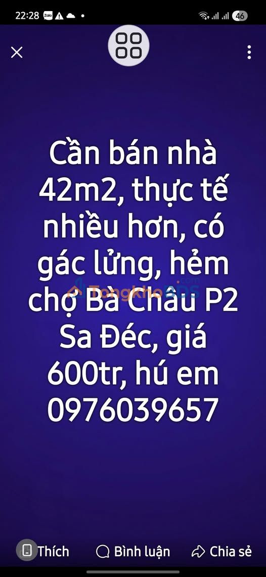 Nhà hẻm chợ Bà Châu P2 Sa Đéc 42m² 600tr - Chính chủ bán