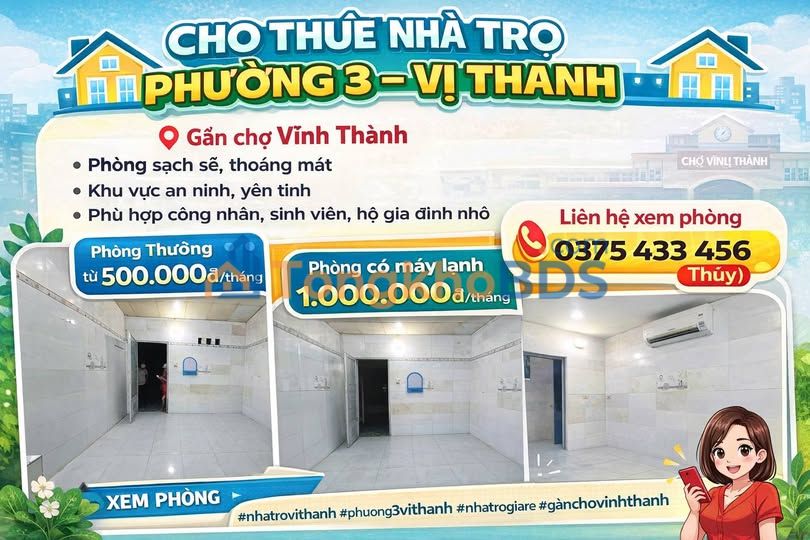 Cho Thuê Phòng Trọ Phường 3 Vị Thanh - Giá Chỉ Từ 500K/Tháng