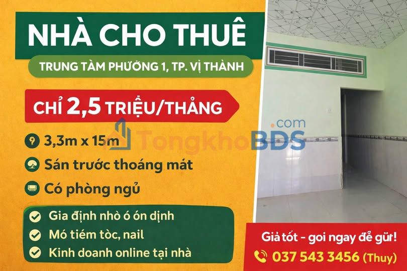 Nhà Cho Thuê Phường 1 Vị Thanh 49m² - Giá Mềm 2.5 Triệu/Tháng