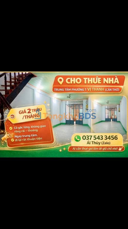 Cho thuê nhà 2 triệu/tháng ngay chợ Phường 3, Vị Thanh
