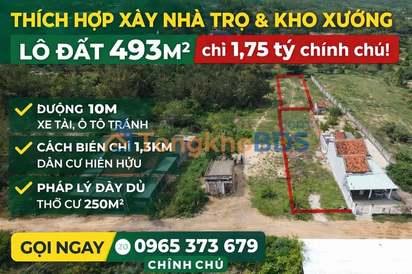 Căn đất Phường Hòa Hiệp Nam Phú Yên 493m² giá 1.75 tỷ - Sổ hồng riêng, xây trọ & kho ổn định dòng tiền