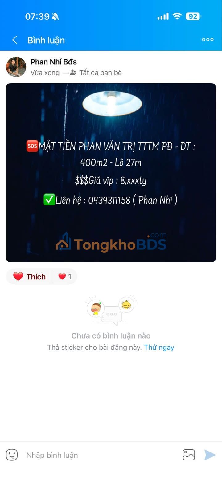 Nha mat tien Phan Van Tri Phong Dien 400m2 8 ty - Chinh chu ban
