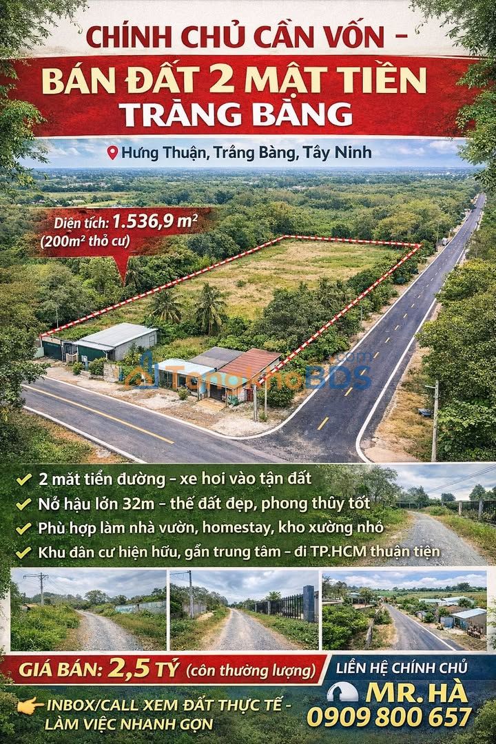 Đất nền Trảng Bàng 1.537m²/2,5 tỷ Sổ hồng chính chủ