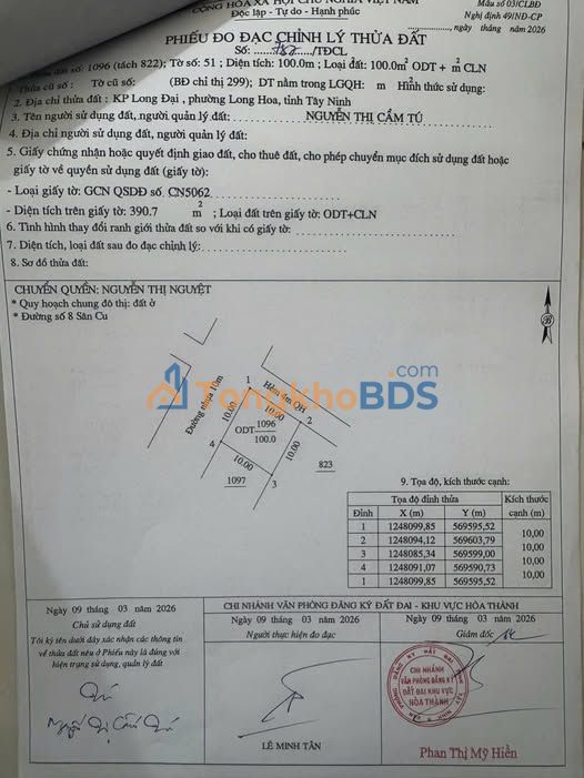 Đất Nguyễn Văn Linh Tân Biên 100m² 890 triệu - Thổ cư 100%