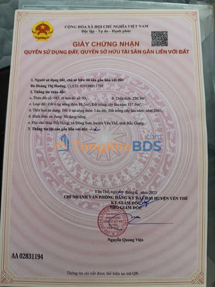 Đất nền Đông Sơn 226m² 488 triệu - Sổ đỏ chính chủ