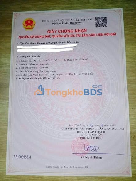 Đất nền Thôn Vinh Hoa Tử Du 125m² hơn 700 triệu - Tiềm năng tăng giá