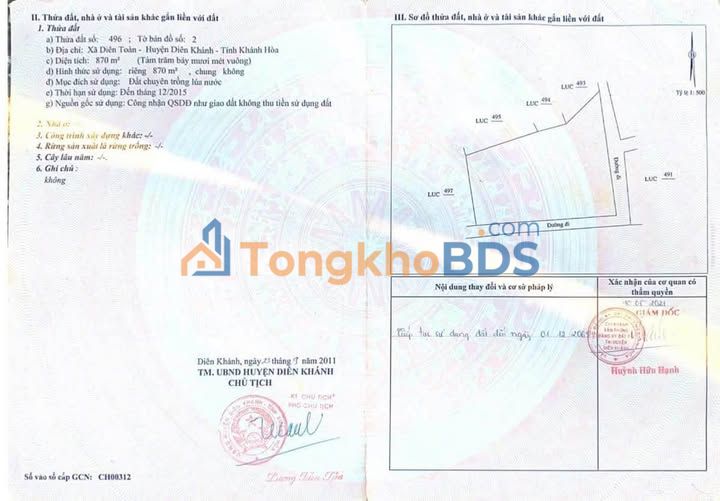 Đất nền Diên Khánh 870m² - Sổ đỏ sẵn, giá 380 triệu - Đầu tư sinh lời