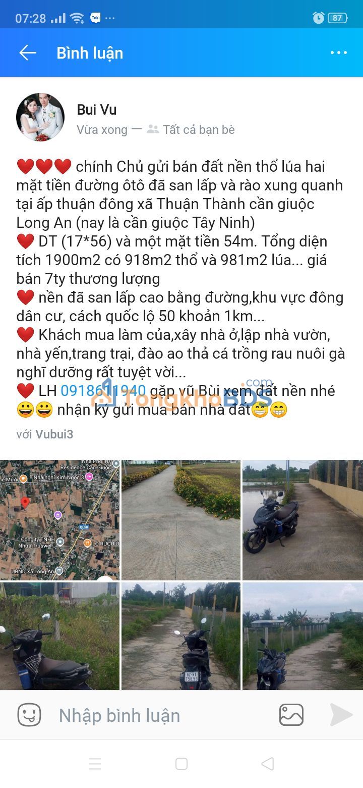 Đất nền Thuận Thành Cần Giuộc 1900m² 7 tỷ - Sổ đỏ chính chủ