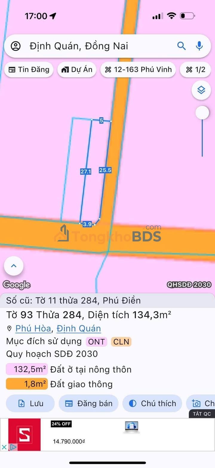 Đất nền Phú Hòa Định Quán 134m² giá 410 triệu - Sổ đỏ chính chủ