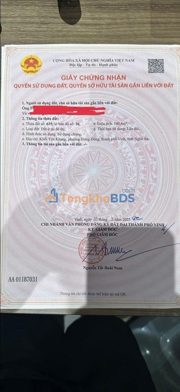 Đất nền Vinh Nguyễn Chí Thanh 191m² 6,5 tỷ - Sổ đỏ chính chủ