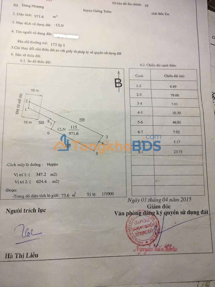 Đất nền 971m² MT Container Hưng Nhượng, Bến Tre - Giá 1.8 tỷ