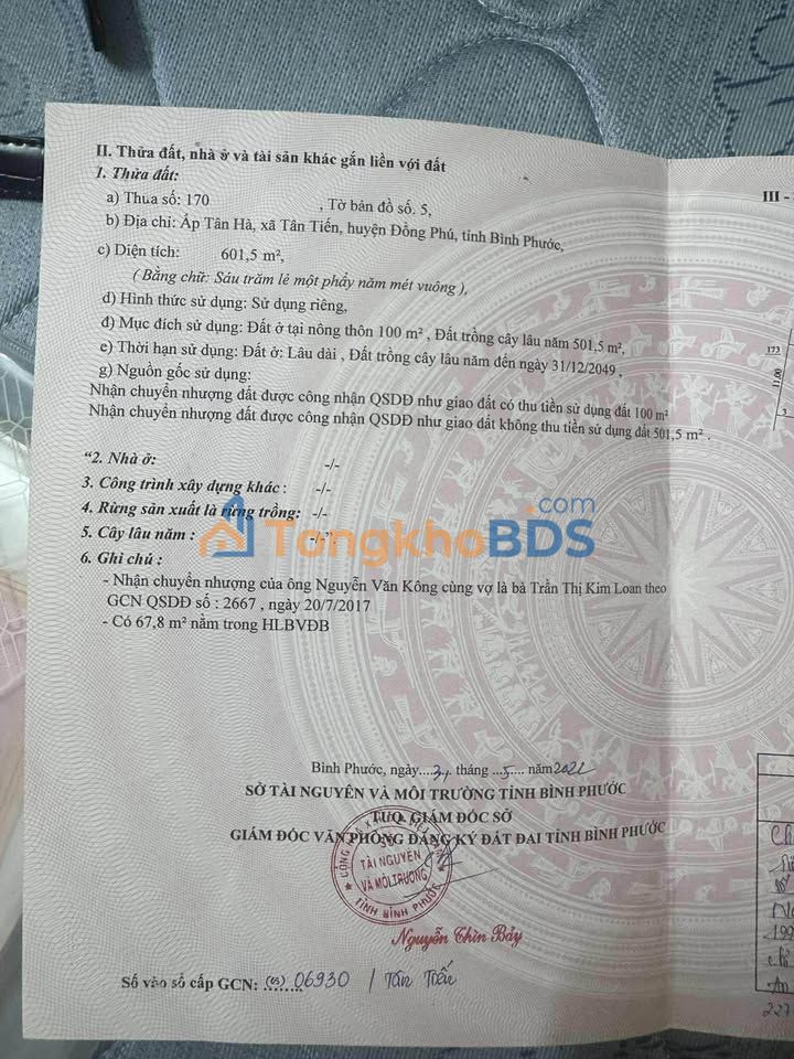 Đất Tân Tiến Đồng Phú 602m² giá 550 triệu - Sổ đỏ chính chủ