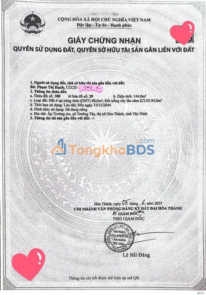 Đất Nền 2 Mặt Tiền Xã Trường Tây, Hòa Thành - 144m² Giá 680 Triệu