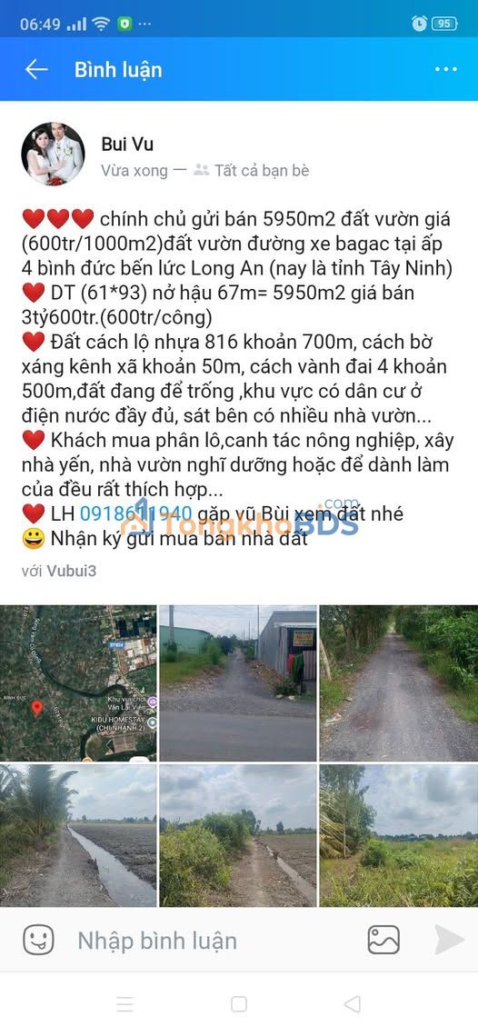 Bán đất vườn Long An 5950m² - Sổ hồng chính chủ, giá đầu tư 3.6 tỷ