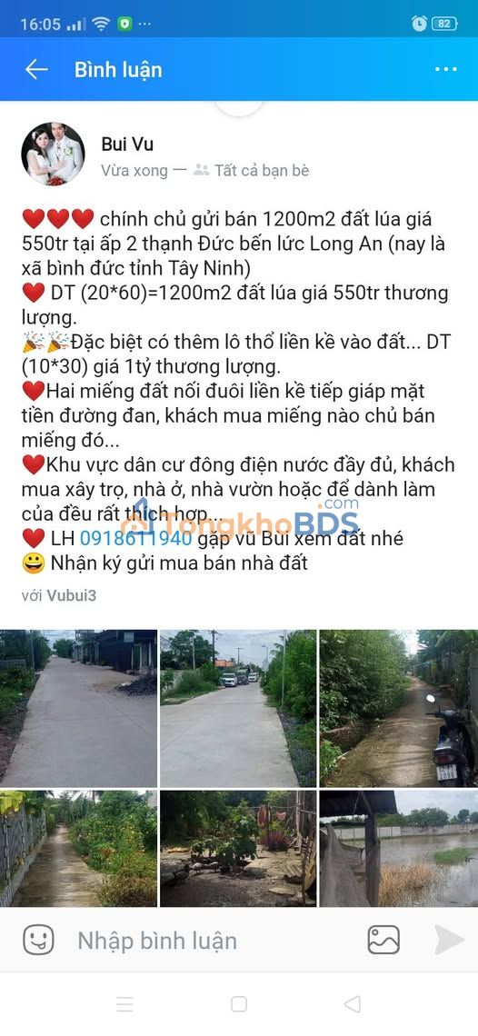 Đất nền Bến Lức 1.2k m² 550tr - Sổ đỏ chính chủ