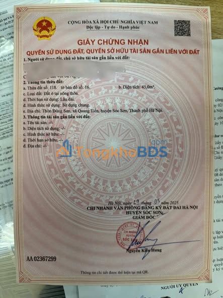 Đất nền Sóc Sơn 45m²/2 tỷ - Sổ đỏ chính chủ